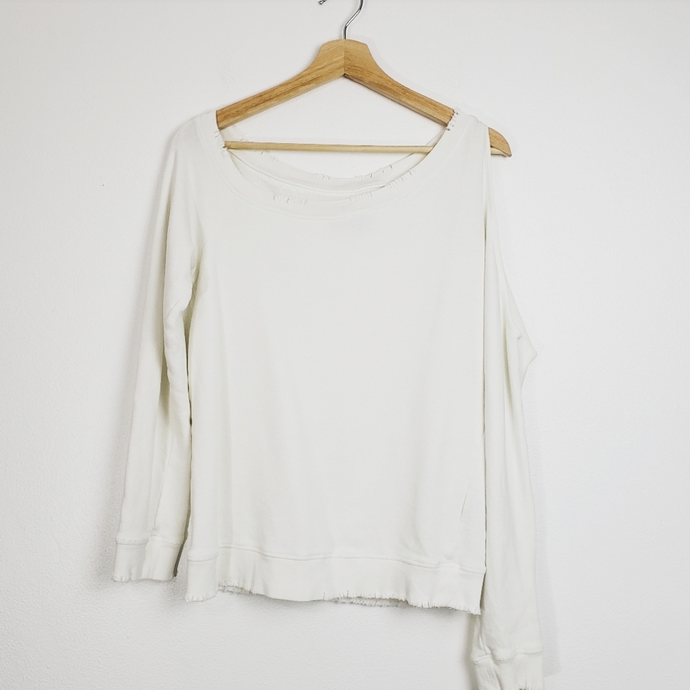 R+A White Cold Shoulder Distressed Sweater